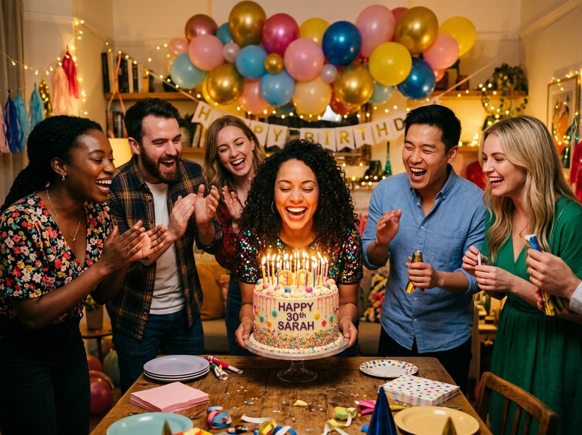 Group of friends celebrating birthday with cake and confetti