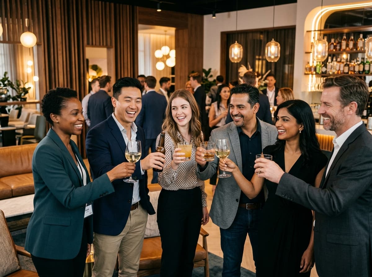 Corporate team celebrating, networking, and raising toasts at annual company summit
