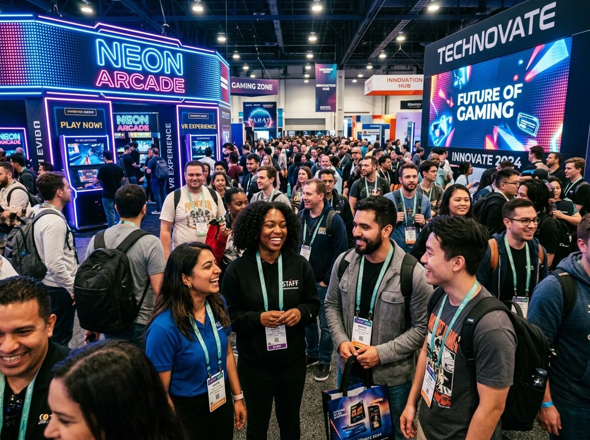 Convention attendees collaborating and engaging at expo floor