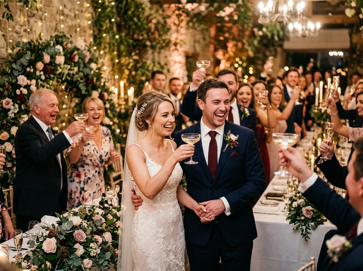 Bride, groom, and wedding guests raising champagne toasts