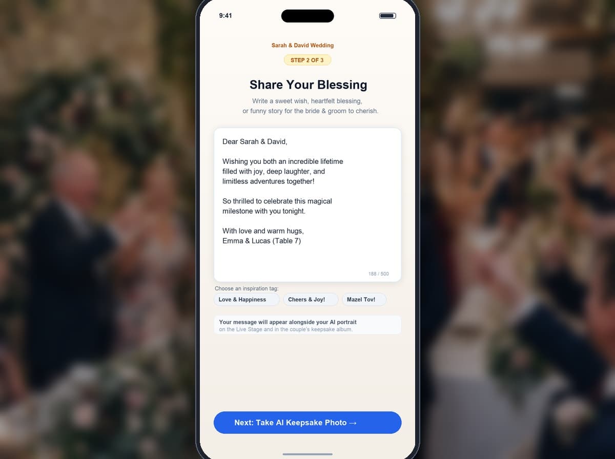 Mobile Phone Overlay with 'Share Your Blessing' Free-Text Input